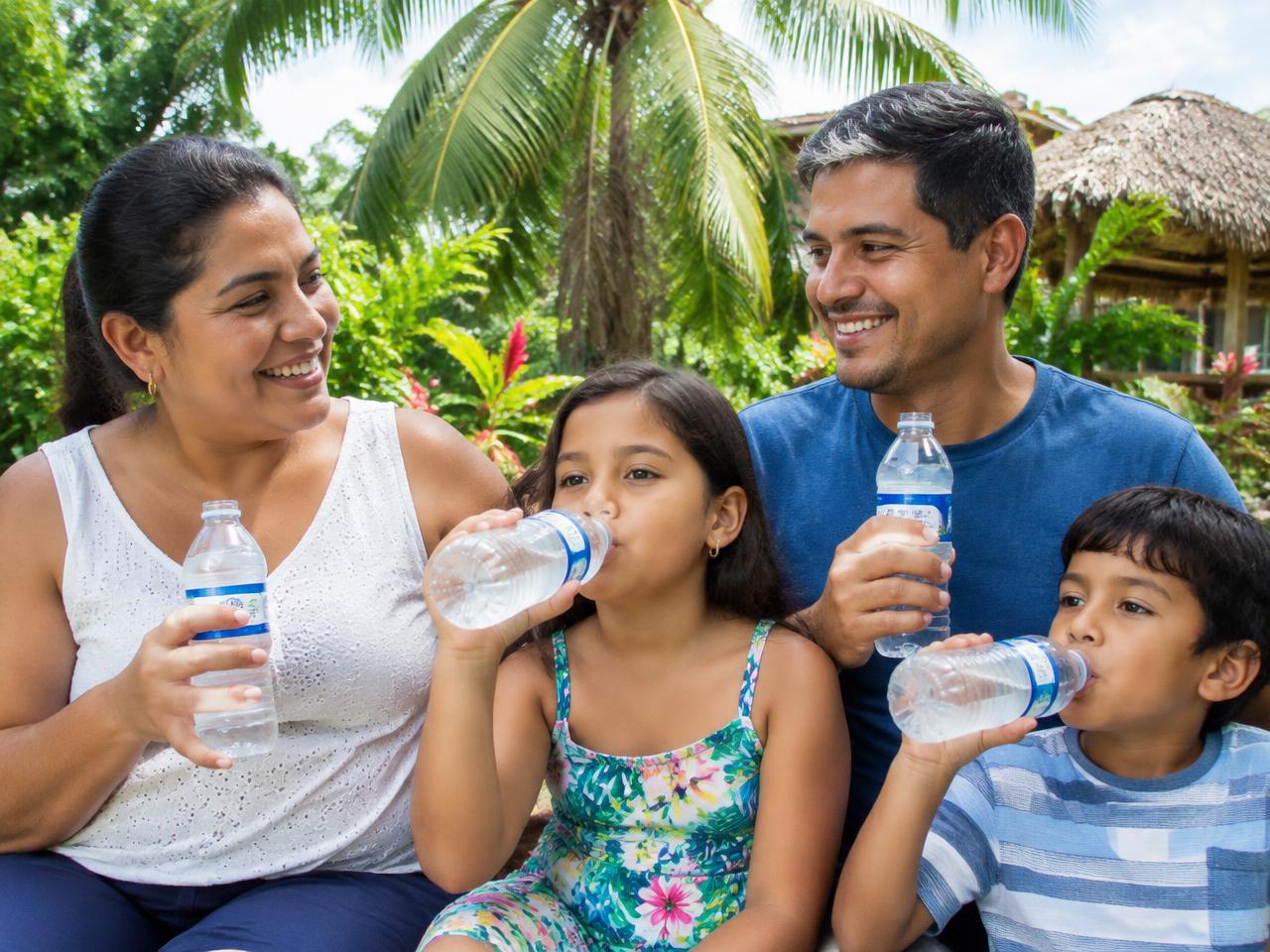 Familia tomando agua embotellada al aire libre
