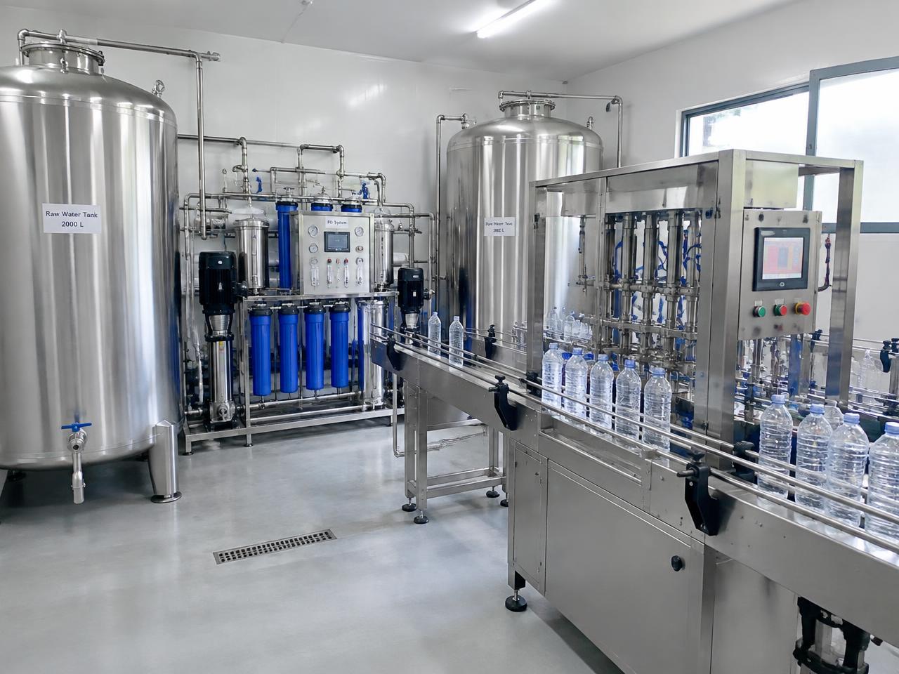 Microplanta con tanques de acero inoxidable, filtración y línea de llenado